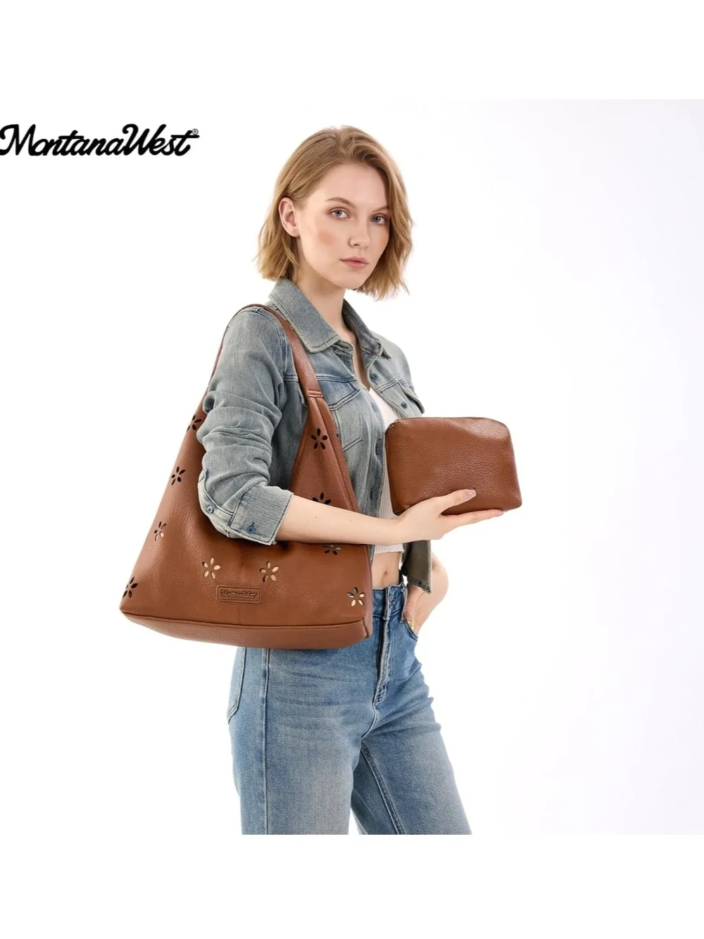 Montana West Tan Perforated Leather Shoulder Hobo with Pouch